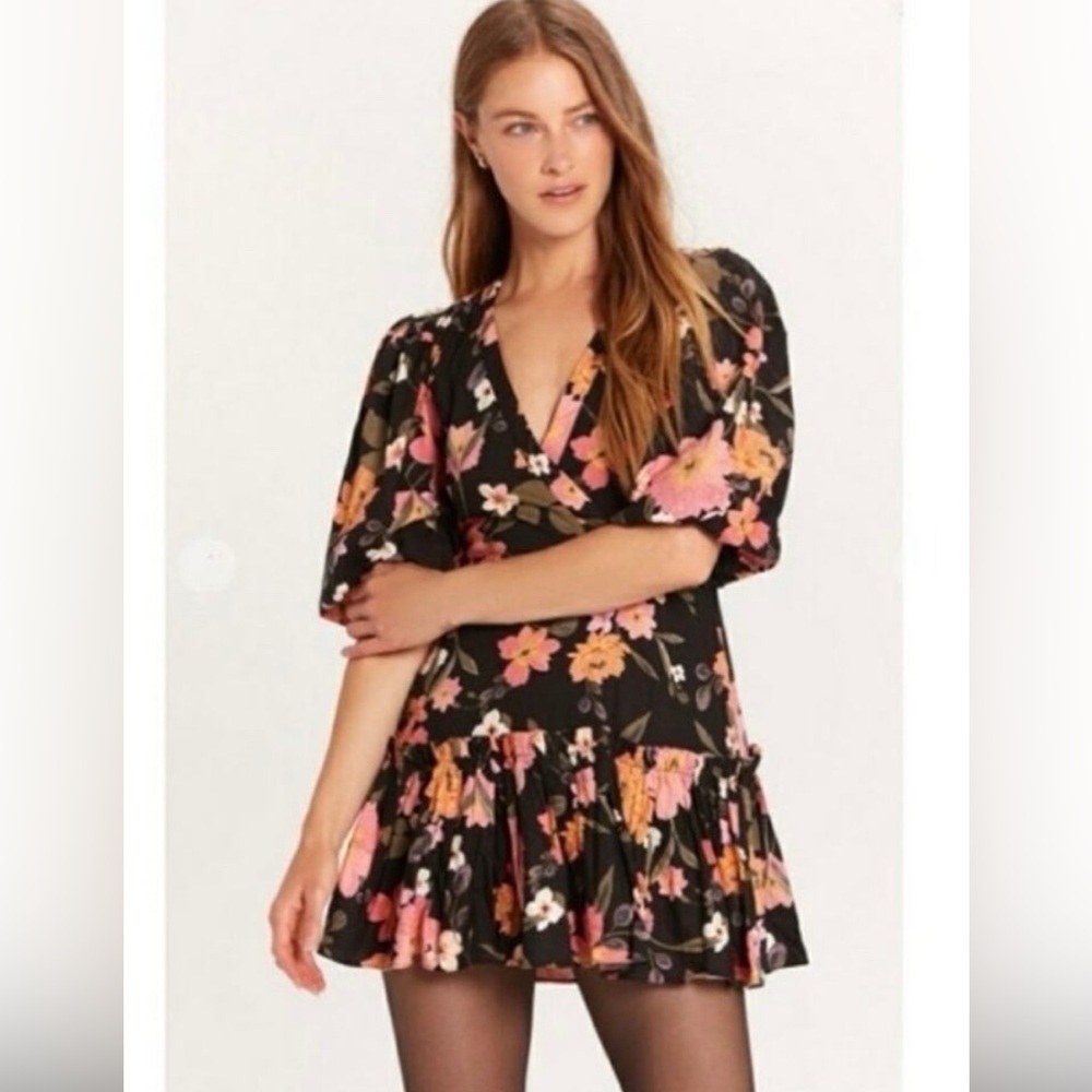 Olivaceous V Neck Black Dress with Pink and Orange Floral Pattern